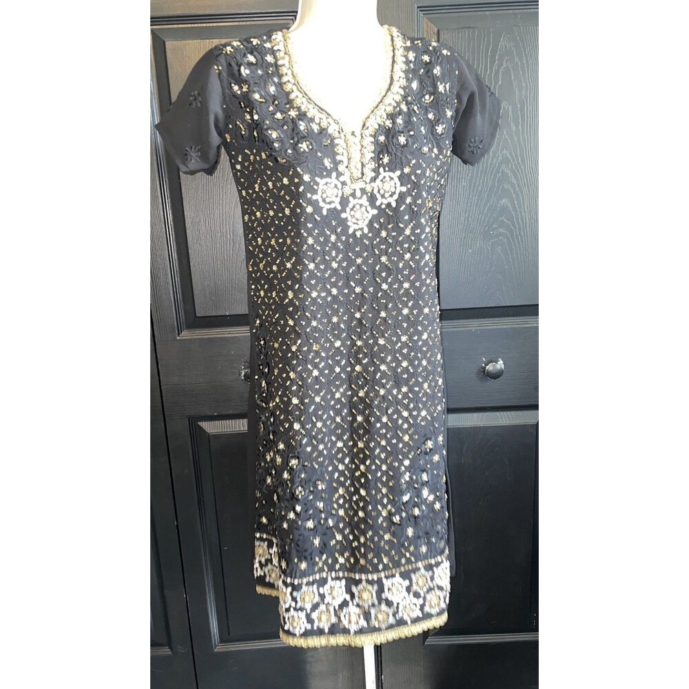 Black & Gold Beaded Churidar Kurti Top Embroidered Sequin Party Wear Size M L